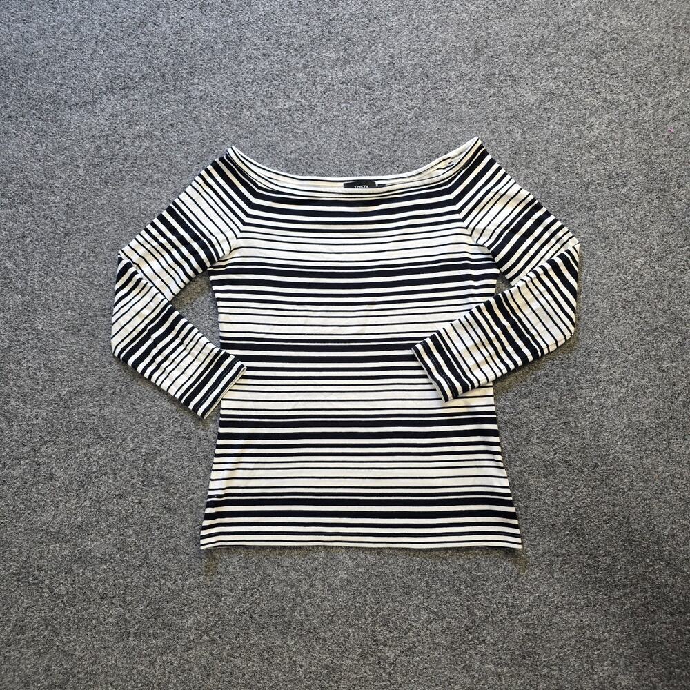 Theory Top Women Size P Black White Striped Boat Neck Pima Cotton Casual Comfort